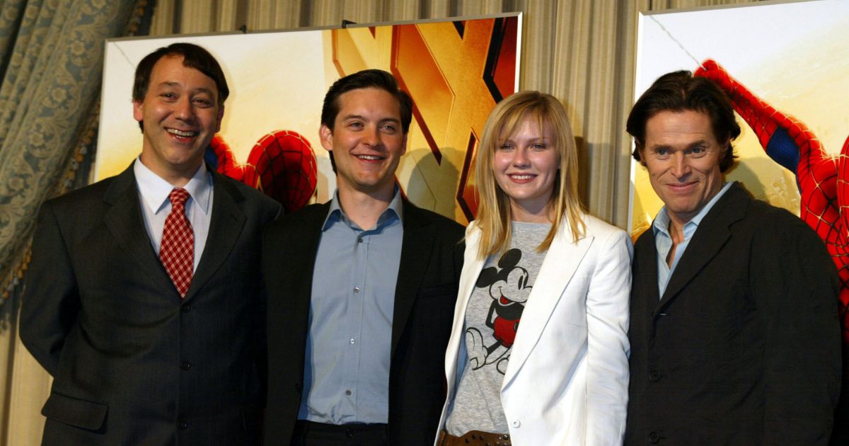 (L-R) Director Sam Raimi, actor Tobey Maguire, actress Kirsten Dunst and actor Willem Dafoe meet Japanese journalists at a press conference while promoting the new movie "Spider-Man" April 5, 2002 in Tokyo, Japan.