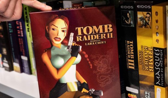 This photograph taken on August 4, 2022 shows the video game Tomb Raider II belonging to the Charles Cros collection exposed at the Francois-Mitterrand National Library of France in Paris.