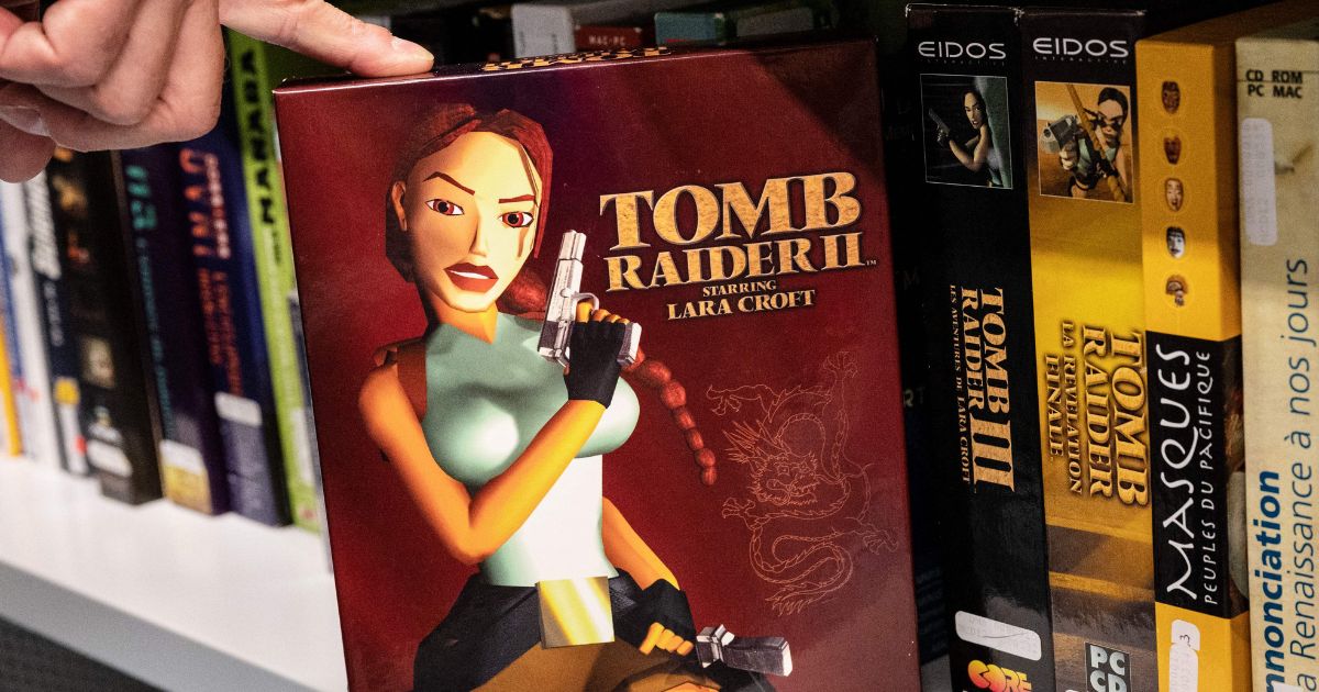 This photograph taken on August 4, 2022 shows the video game Tomb Raider II belonging to the Charles Cros collection exposed at the Francois-Mitterrand National Library of France in Paris.