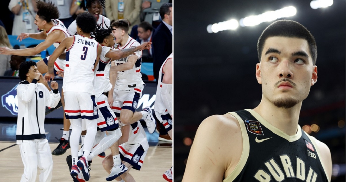 The University of Connecticut Huskies celebrate, left, after winning the NCAA Division 1 basketball tournament Monday with a defeat over Purdue in Glendale, Arizona. Right, Purdue star Zach Edey is pictured before the game.