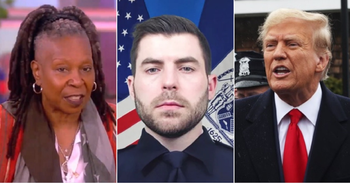 "The View" co-host Whoopi Goldberg, left; slain New York police Officer Jonathan Diller, center; former President Donald Trump, right.