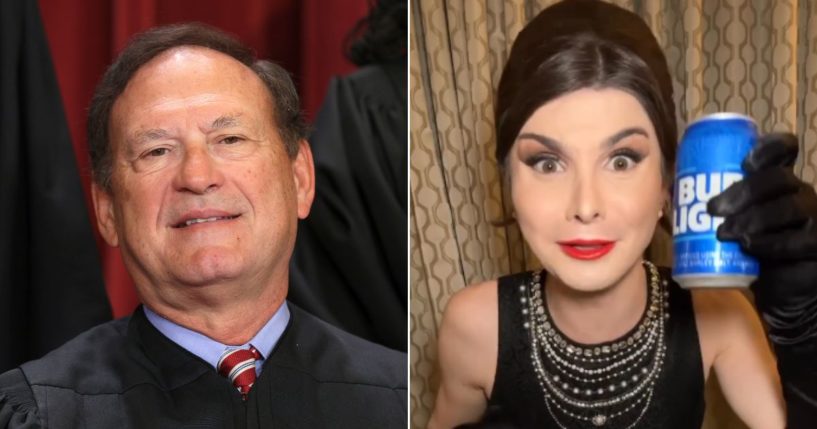 Supreme Court Justice Sam Alito, left, sold his stock in Anheuser-Busch InBev during the boycott of its Bud Light brand following the Dylan Mulvaney promotion, right.