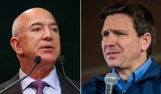 At left, Jeff Bezos speaks at the U.N. Climate Change Conference in Glasgow, Scotland, on Nov. 2, 2021. At right, Florida Gov. Ron DeSantis speaks at LaBelle Winery in Rockingham County, New Hampshire, on Jan. 17.