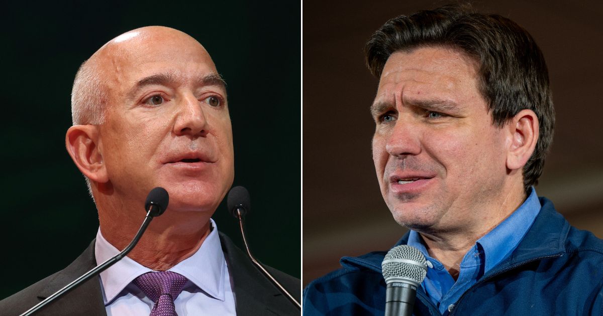 At left, Jeff Bezos speaks at the U.N. Climate Change Conference in Glasgow, Scotland, on Nov. 2, 2021. At right, Florida Gov. Ron DeSantis speaks at LaBelle Winery in Rockingham County, New Hampshire, on Jan. 17.