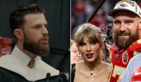 Harrison Butker's commencement speech, left, at Benedictine College stepped on a lot of liberal toes, including those of pop star Taylor Swift, the girlfriend of his teammate Travis Kelce.