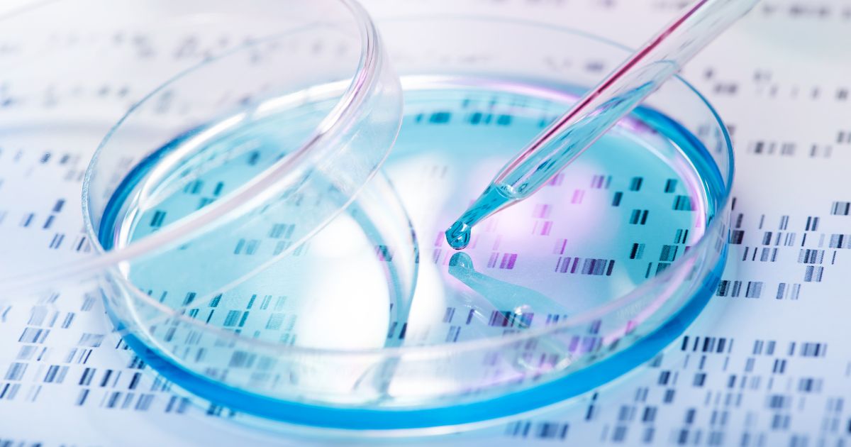 A stock image shows a DNA sample being pipetted into a petri dish with DNA gel in the background.