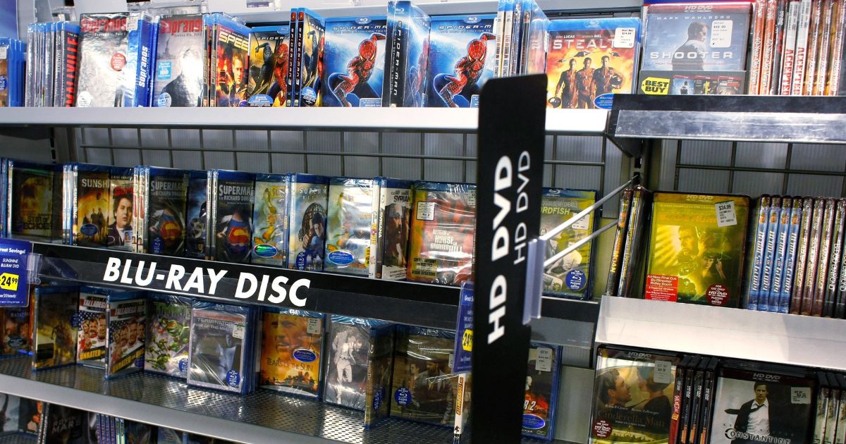 Rows of DVDs and Blu-Ray discs for sale on various shelves at a Best Buy store in San Francisco, California, in 2008.