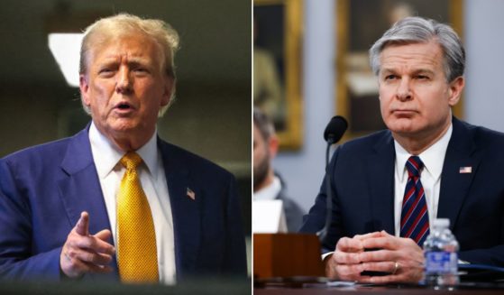 At left, Republican presidential candidate and former President Donald Trump speaks to reporters at the end of the day of his criminal trial at the New York State Supreme Court in New York on Thursday. At right, FBI Director Christopher Wray testifies before the House Appropriations Committee in Washington on April 11.