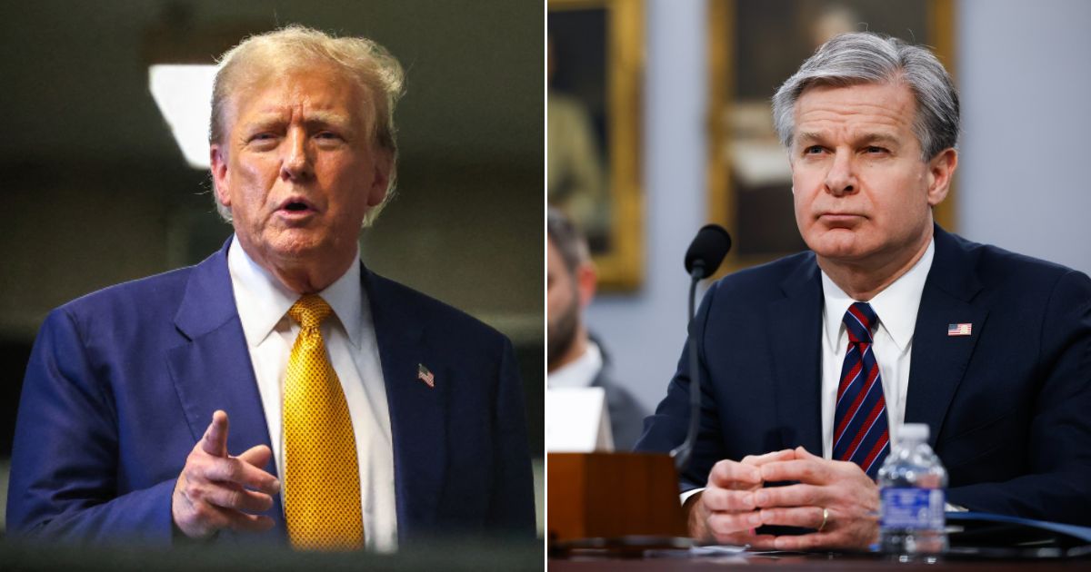 At left, Republican presidential candidate and former President Donald Trump speaks to reporters at the end of the day of his criminal trial at the New York State Supreme Court in New York on Thursday. At right, FBI Director Christopher Wray testifies before the House Appropriations Committee in Washington on April 11.