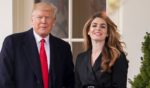 Donald Trump posing with Hope Hicks on her last day on the South Lawn of the White House