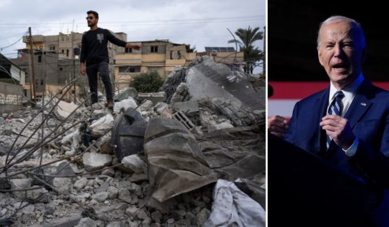 a man standing amidst the debris of his bombed home and Joe Biden delivering a speech