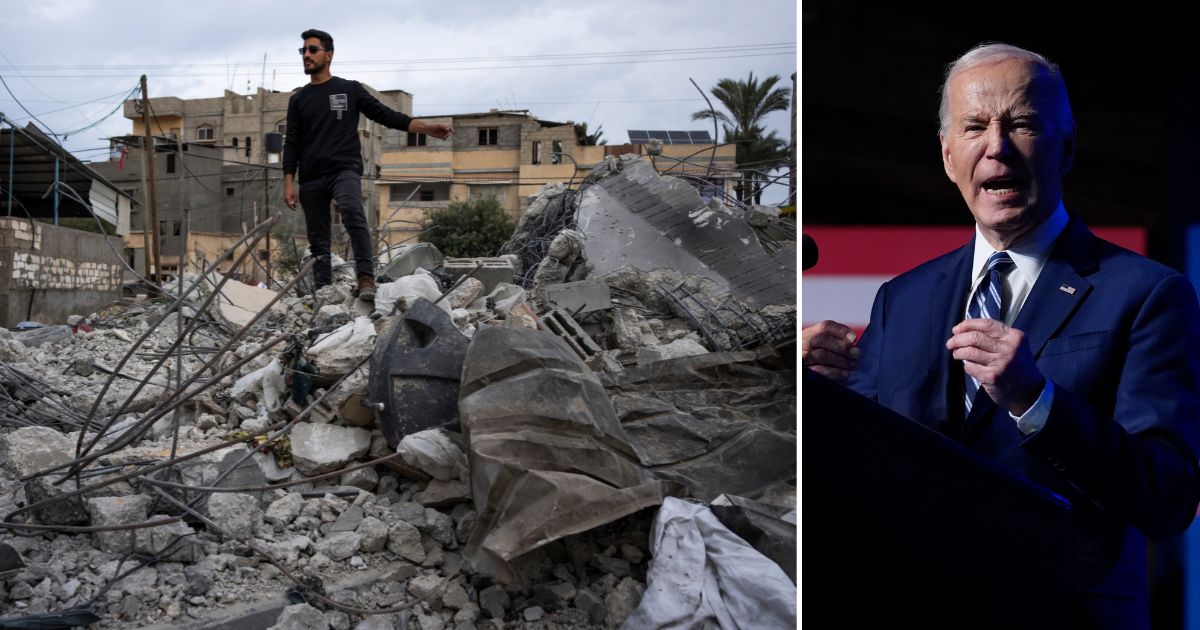 a man standing amidst the debris of his bombed home and Joe Biden delivering a speech