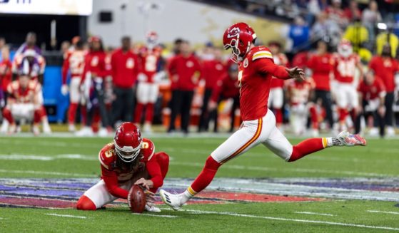 Kansas City Chiefs kicker Harrison Butker kicks a field goal against the San Francisco 49ers during Super Bowl LVIII in Las Vegas, Nevada, on Feb. 11.