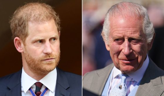 At left, Prince Harry leaves the Invictus Games Foundation's 10th anniversary service at St. Paul's Cathedral in London on Wednesday. At right, King Charles III speaks to guests attending a Royal Garden Party at Buckingham Palace in London on Wednesday.
