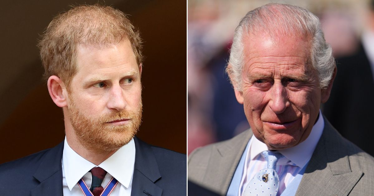 At left, Prince Harry leaves the Invictus Games Foundation's 10th anniversary service at St. Paul's Cathedral in London on Wednesday. At right, King Charles III speaks to guests attending a Royal Garden Party at Buckingham Palace in London on Wednesday.