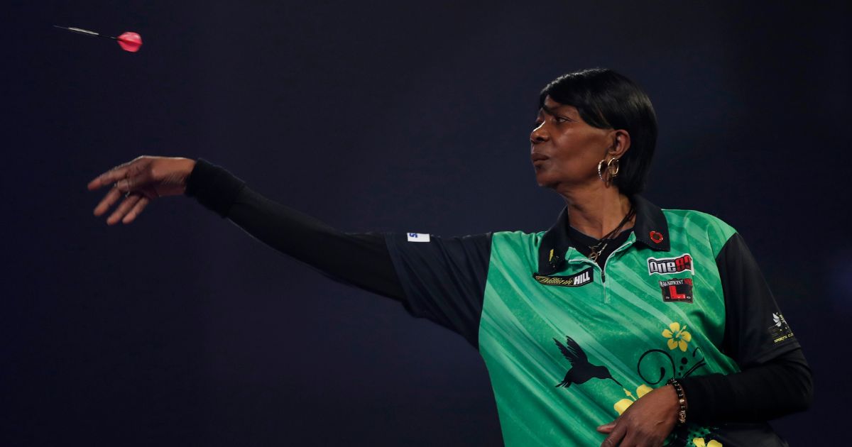 Deta Hedman competes in the PDC William Hill World Darts Championship at Alexandra Palace in London on Dec. 19, 2020.