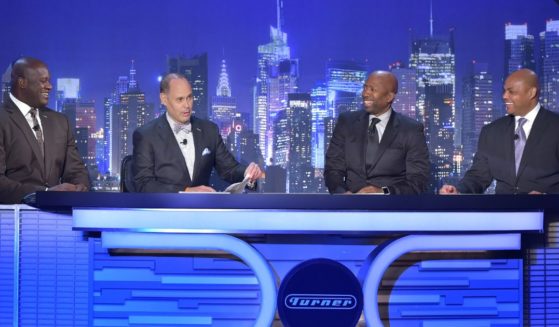 Shaquille O'Neal, Ernie Johnson, Kenny Smith, and Charles Barkley (left to right) appear on stage during the Turner Upfront 2015 at Madison Square Garden in New York City on May 13, 2015.