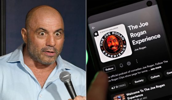 One anonymous feminist author in Australia claims that comedian, podcaster, and UFC announcer Joe Rogan, left, has become a "third wheel" that is hurting her marriage because her husband listens to his podcast, "The Joe Rogan Experience."