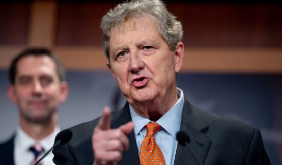 Sen. John Kennedy peaks during a news conference on Capitol Hill in Washington, D.C., on May 1.