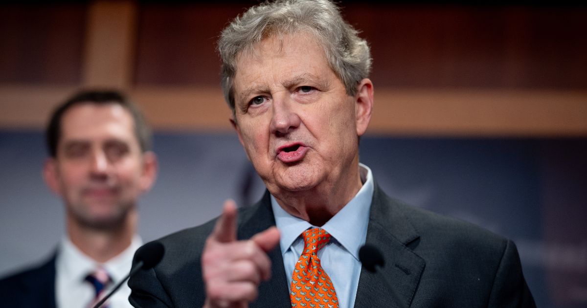 Sen. John Kennedy peaks during a news conference on Capitol Hill in Washington, D.C., on May 1.
