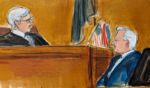In an artist sketch, Judge Juan Merchan on Monday scolds witness Robert Costello about his "decorum" in the courtroom in Manhattan criminal court.