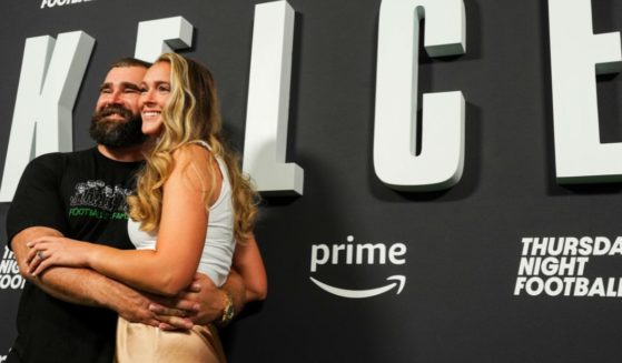Jason Kelce, left, and Kylie Kelce, right, attend the Kelce documentary premiere in Philadelphia, Pennsylvania, on Sept. 8, 2023.