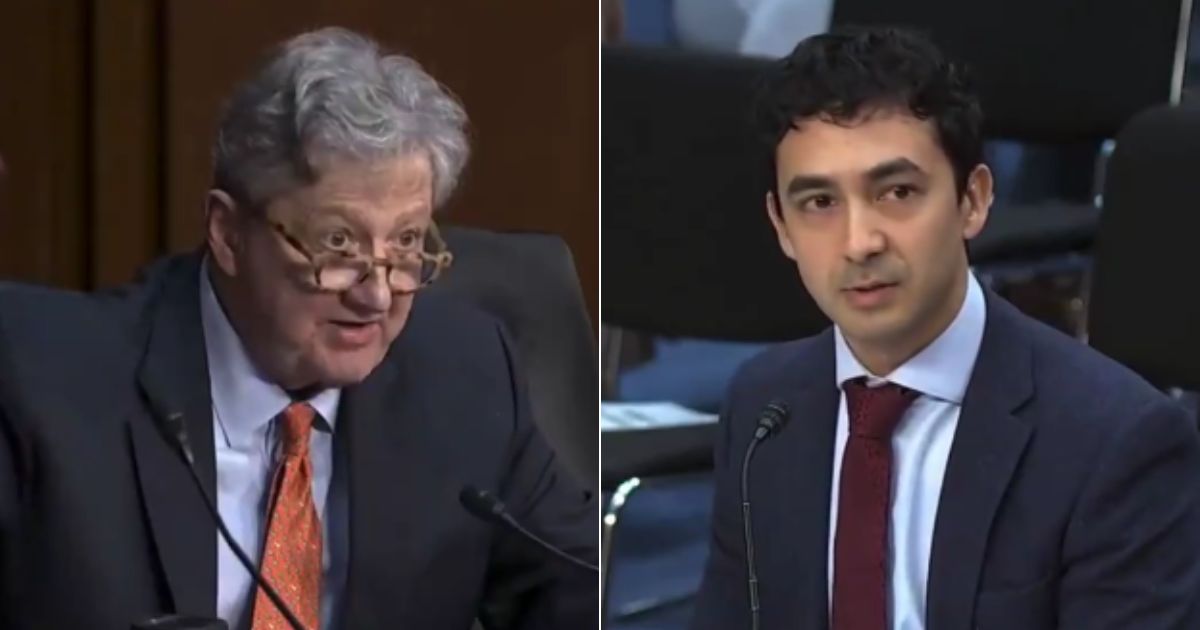 Sen. John Kennedy, left, went off on climate prof Dr. Geoffrey Supran, right, during a congressional hearing on Wednesday.