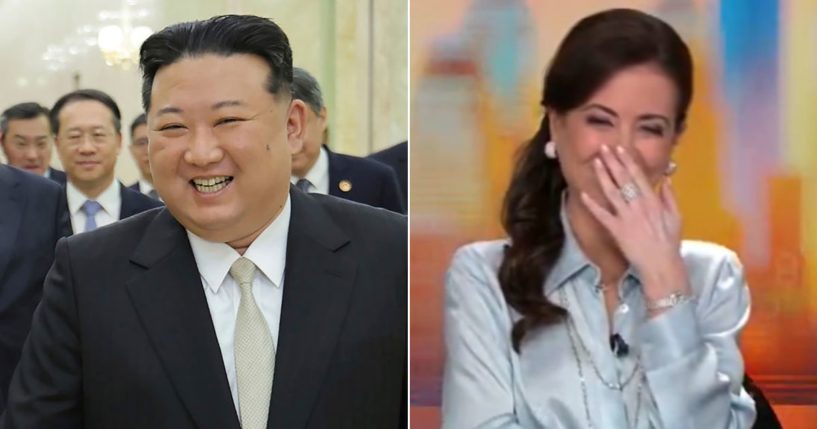 At left, North Korean leader Kim Jong Un is seen in Pyongyang on April 13. At right, CNN anchor Julia Chatterley laughs while talking about Kim's recent actions.