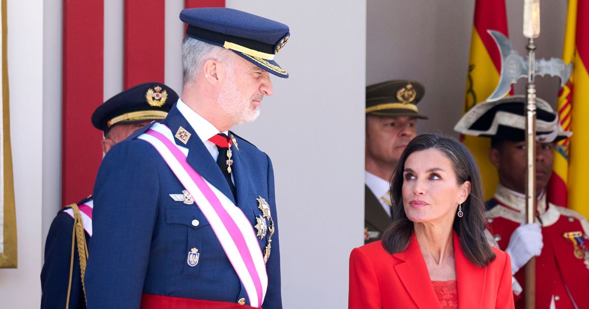 King Felipe VI and Queen Letizia of Spain attend the 2024 Armed Forces Day on May 25 in Oviedo, Spain. New reports of Letizia's alleged infidelity have shocked the Spanish public, according to news reports.