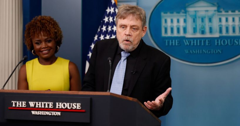Actor Mark Hamill joins White House press secretary Karine Jean-Pierre at Friday's news briefing in Washington, DC. Hamill met with President Joe Biden in the Oval Office.