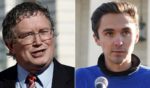 Social media quickly heated up with responses to David Hogg, right, who taunted Kentucky GOP Rep. Thomas Massie about his announcement of a bill he proposed to "end the Fed."