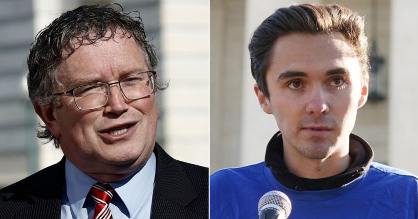 Social media quickly heated up with responses to David Hogg, right, who taunted Kentucky GOP Rep. Thomas Massie about his announcement of a bill he proposed to "end the Fed."