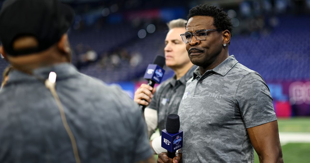 NFL Network personality Michael Irvin broadcasts from the field during the NFL Combine at the Lucas Oil Stadium on March 2, 2024 in Indianapolis, Indiana.