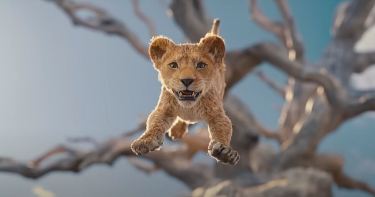A shot of a lion club jumping from a tree in the trailer for the upcoming Disney film "Mufasa: The Lion King."