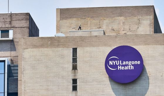 A stock photo shows the NYU Langone Health logo on the hospital in Midtown Manhattan, New York, on July 27, 2021.
