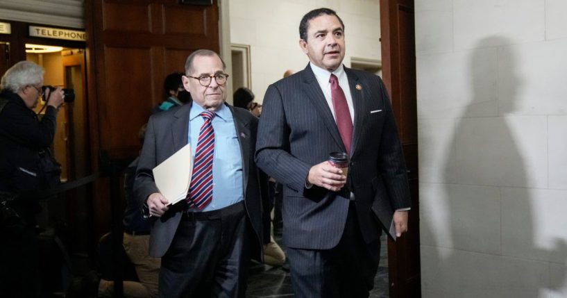 Reps. Jerry Nadler, left, and Henry Cuellar depart a leadership election meeting with the Democratic caucus in the Longworth House Office Building on Capitol Hill in Washington on Nov. 30.