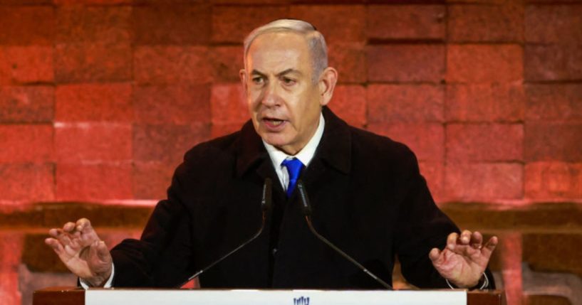 Israel's Prime Minister Benjamin Netanyahu speaks during a ceremony marking Holocaust Remembrance Day at the Yad Vashem Holocaust Memorial in Jerusalem, Israel, on Sunday.