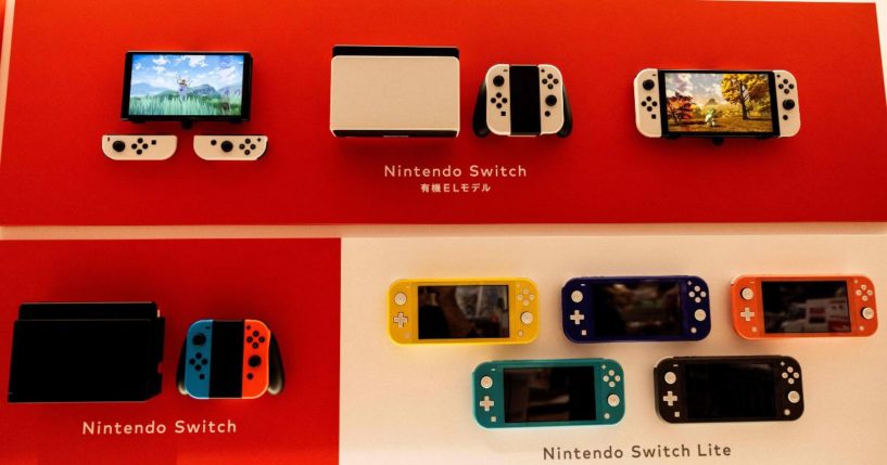 Nintendo Switch systems displayed at a store in Tokyo on February 3, 2022.
