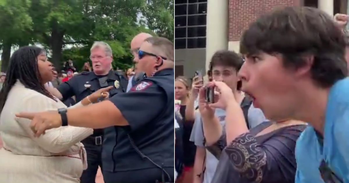 On Thursday, pro-Palestinian protesters and counter-protesters clashed on the Ole Miss campus. Anit-Israel protester Jaylin Smith, left, separated from her side and went to film the counter-protesters, where one student, right, made "monkey noises" at her.