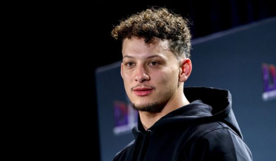 Quarterback Patrick Mahomes of the Kansas City Chiefs address the media after being presented the Pete Rozelle Trophy on February 12, 2024, in Las Vegas, Nevada.