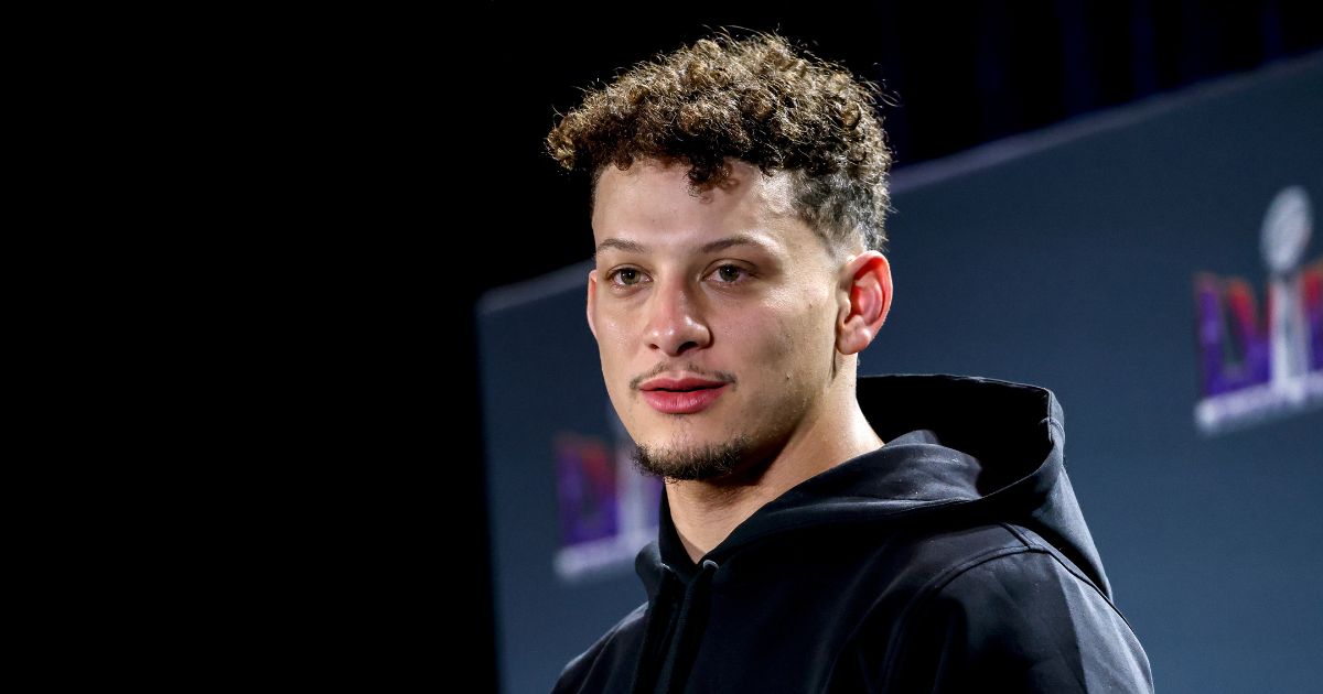 Quarterback Patrick Mahomes of the Kansas City Chiefs address the media after being presented the Pete Rozelle Trophy on February 12, 2024, in Las Vegas, Nevada.