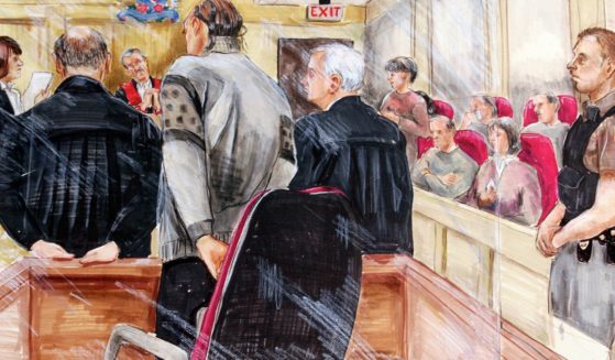 A court drawing depicts Robert Pickton listening to the guilty verdict in British Columbia Supreme Court in New Westminster, B.C. on Dec. 9, 2007.