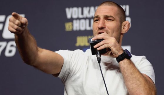 UFC fighter Sean Strickland participates in a news conference at T-Mobile Arena in Las Vegas, Nevada, on June 30, 2022.