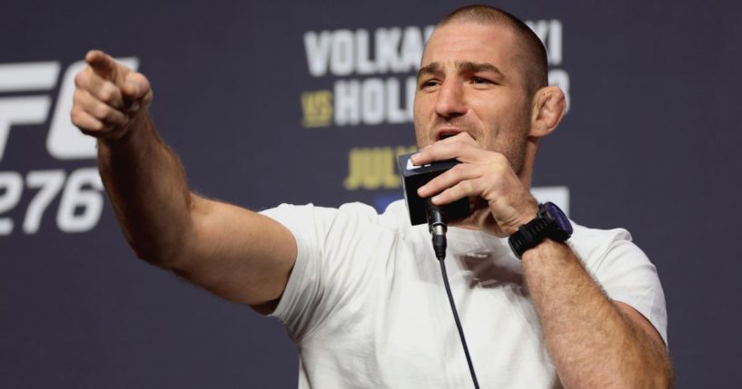 UFC fighter Sean Strickland participates in a news conference at T-Mobile Arena in Las Vegas, Nevada, on June 30, 2022.