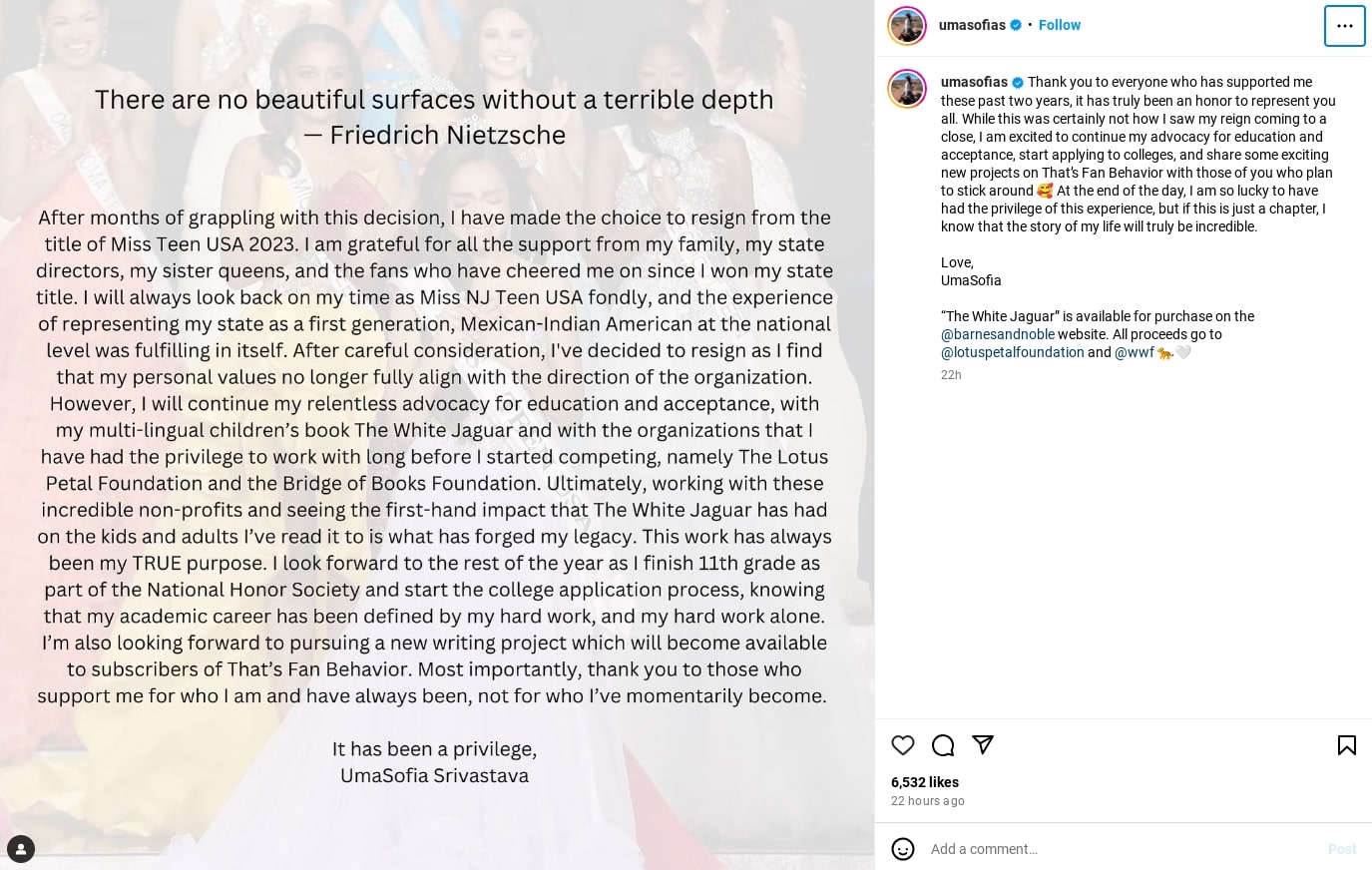 Statement on Instagram from UmaSofia Srivastava