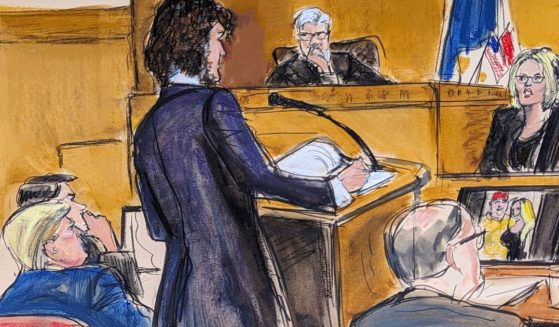 This court drawing depicts Judge Juan Merchan, center right, presiding over proceedings as Stormy Daniels, far right, answers questions on direct examination by assistant district attorney Susan Hoffinger, center left, in Manhattan criminal court as former President Donald Trump, left, looks on during the trial on Tuesday.