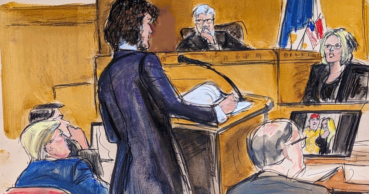 This court drawing depicts Judge Juan Merchan, center right, presiding over proceedings as Stormy Daniels, far right, answers questions on direct examination by assistant district attorney Susan Hoffinger, center left, in Manhattan criminal court as former President Donald Trump, left, looks on during the trial on Tuesday.