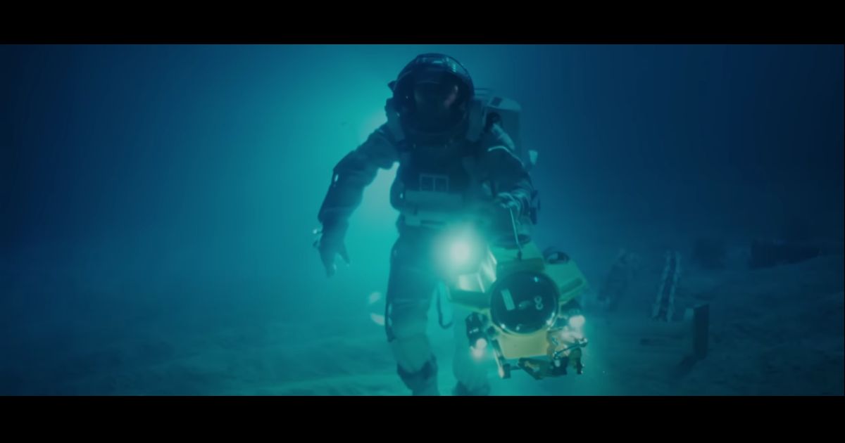 A man walking on the bottom of the ocean in a diver suit in the remaster to James Cameron's classic film "The Abyss."