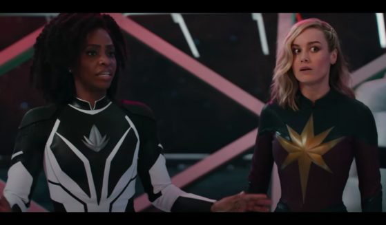 Actresses Brie Larson and Teyonah Parris on screen together in the 2023 superhero team up film "The Marvels."