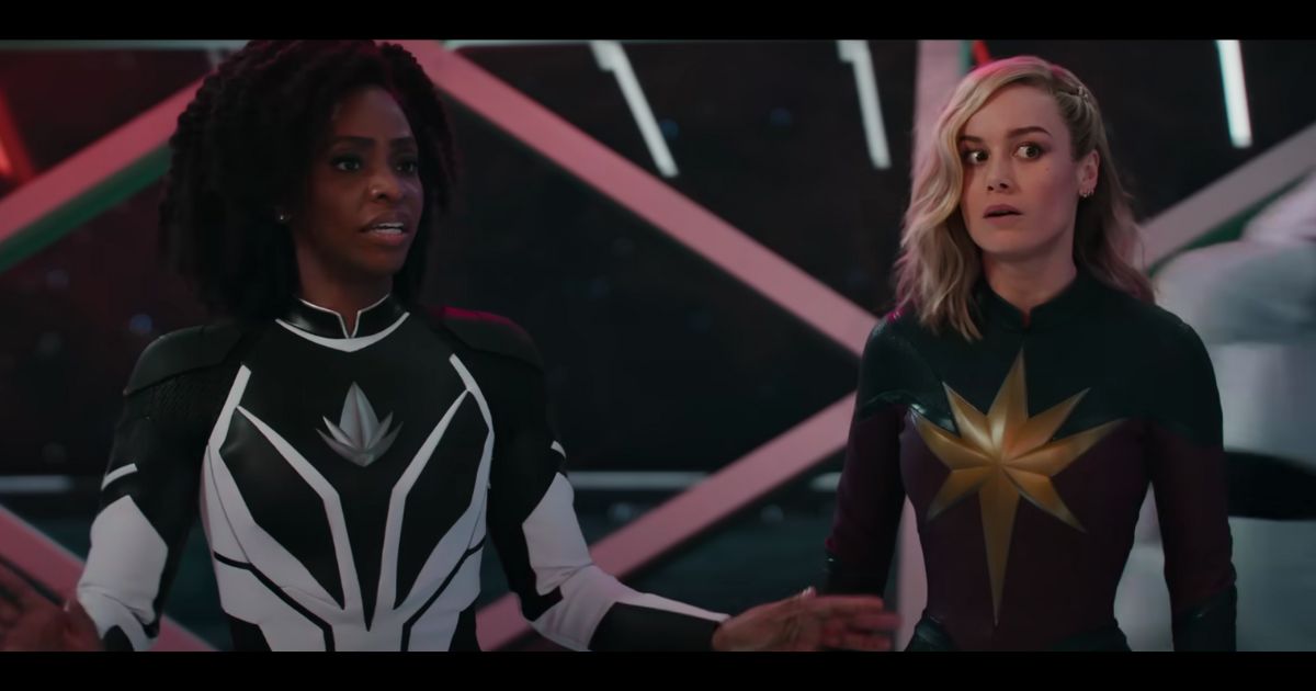 Actresses Brie Larson and Teyonah Parris on screen together in the 2023 superhero team up film "The Marvels."